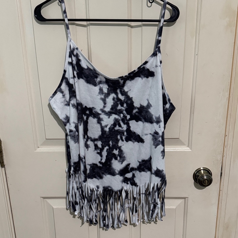 SHEIN Black and White Tie-Dye Fringe Camisole